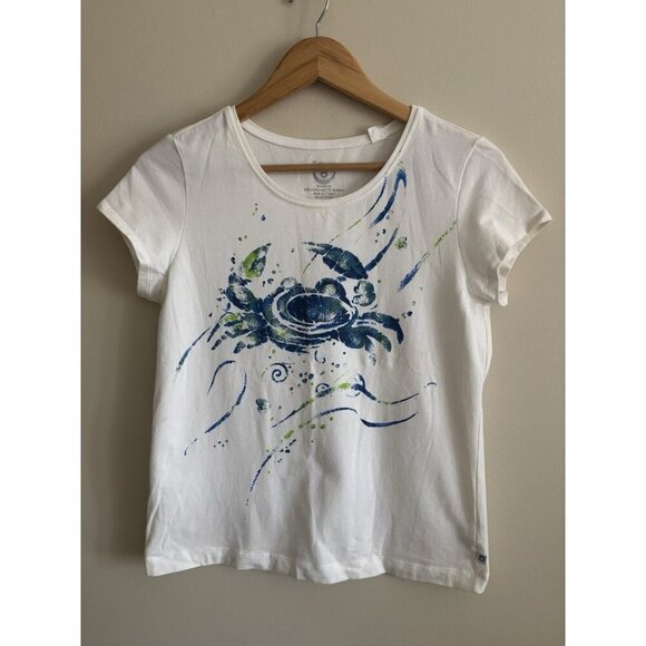 Zenergy by Chico's Top T-Shirt Size Medium Artsy Crab White Blue Print - Picture 1 of 8
